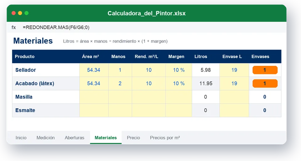 Calculadora del Pintor en Excel